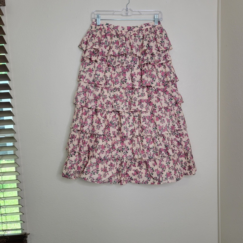 Aurem Floral Ruffle Tiered Skirt Cottagecore Prairiecore Midi‎ Size Small Pink